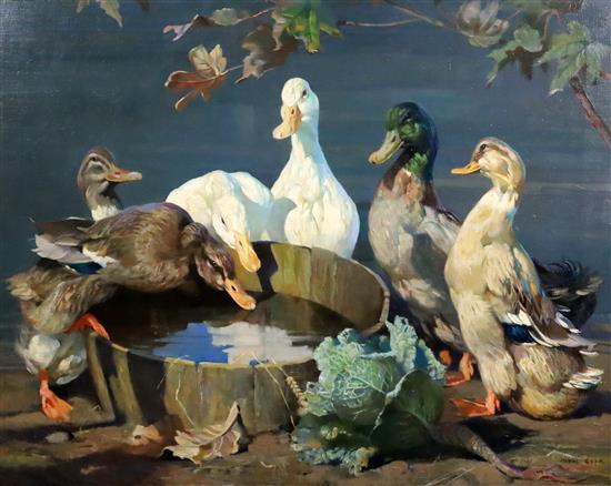 § Mabel Gear (1900-1997) Ducks beside a tub of water 27.5 x 35.5in.